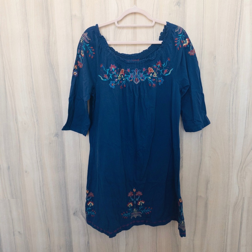 Johnny Was Embroidered Off Shoulder Dress L Blue Floral Boho Hippie Coastal